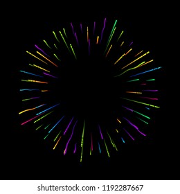 Farbfeuerwerk auf schwarzem Hintergrund. Festliche Dekoration. Vektorkarte.