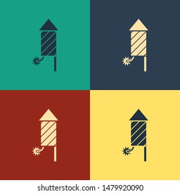 Color Firework rocket icon isolated on color background. Concept of fun party. Explosive pyrotechnic symbol. Vintage style drawing. Vector Illustration