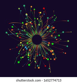 fuegos artificiales en color con estrella sobre fondo negro. Ilustración EPS10 del vector
