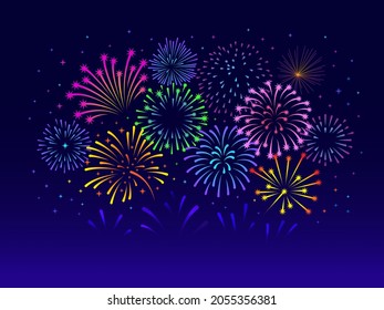 Color fireworks banner. Firework decoration, abstract red green yellow blue pyrotechnics show. Winter holiday, new year party tidy vector background