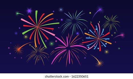 Color fireworks for festival and events cards. Holiday and celebration background design. Vector illustration.