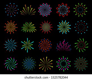 Color fireworks. Festive christmas salute, happy new year pyrotechnic circle explosions with sparks. Outline firecrackers vector party bright festival set