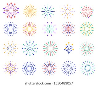 Color fireworks. Festive sparkles, carnival salutes. Birthday party and christmas vibrant firecrackers explosion vector set