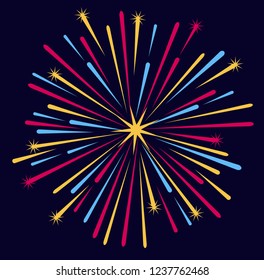 Color fireworks on a dark background - the sky. Flat Vector Illustration