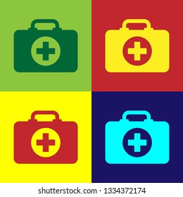 Color First aid kit icon isolated on color backgrounds. Medical box with cross. Medical equipment for emergency. Healthcare concept. Flat design. Vector Illustration