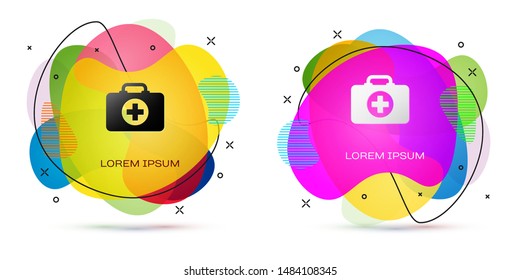 Color First aid kit icon isolated on white background. Medical box with cross. Medical equipment for emergency. Healthcare concept. Abstract banner with liquid shapes. Vector Illustration