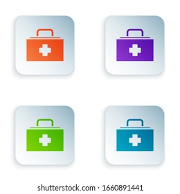 Color First aid kit icon isolated on white background. Medical box with cross. Medical equipment for emergency. Healthcare concept. Set colorful icons in square buttons. Vector Illustration