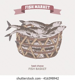 Color fish basket sketch. Fish market series. Great for markets, grocery stores, organic shops, fishing and food label design. 