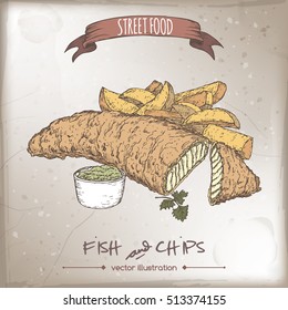 Color fish and chips sketch on vintage background. British cuisine. Street food series. Great for market, restaurant, cafe, food label design.