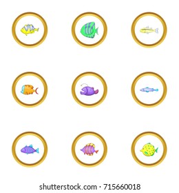Color fish icons set. Cartoon style set of 9 color fish vector icons for web design