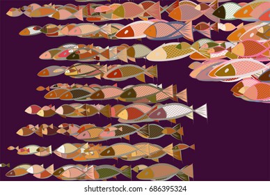 Color fish illustrations background, hand drawn. Vector graphic.