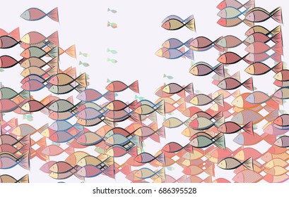 Color fish illustrations background, hand drawn. Vector graphic.