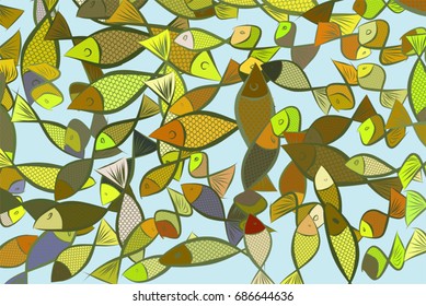 Color fish illustrations background, hand drawn. Vector graphic.
