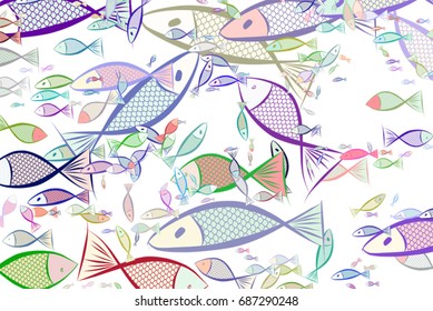 Color fish illustrations background, hand drawn. Vector graphic.