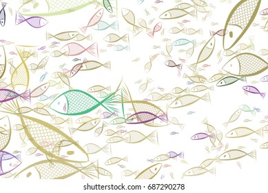 Color fish illustrations background, hand drawn. Vector graphic.