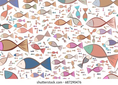 Color fish illustrations background, hand drawn. Vector graphic.