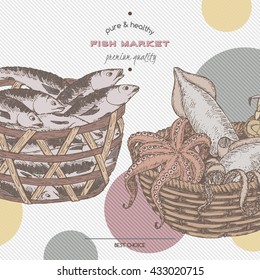 Color fish market template with fish and seafood baskets. Great for markets, fishing, fish processing, canned fish, seafood product label design.