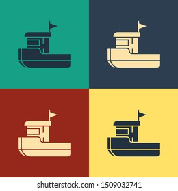 Color Fishing boat icon isolated on color background. Vintage style drawing. Vector Illustration