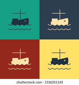 Color Fishing boat on water icon isolated on color background. Vintage style drawing. Vector Illustration