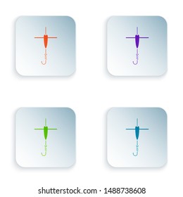 Color Fishing hook and float icon isolated on white background. Fishing tackle. Set icons in colorful square buttons. Vector Illustration