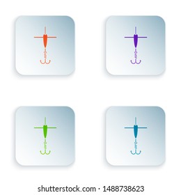 Color Fishing hook and float icon isolated on white background. Fishing tackle. Set icons in colorful square buttons. Vector Illustration