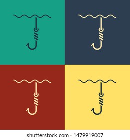 Color Fishing hook under water icon isolated on color background. Fishing tackle. Vintage style drawing. Vector Illustration