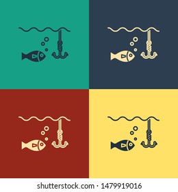 Color Fishing hook under water with fish icon isolated on color background. Fishing tackle. Vintage style drawing. Vector Illustration