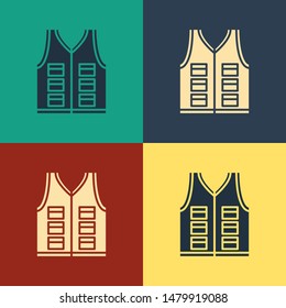 Color Fishing jacket icon isolated on color background. Fishing vest. Vintage style drawing. Vector Illustration