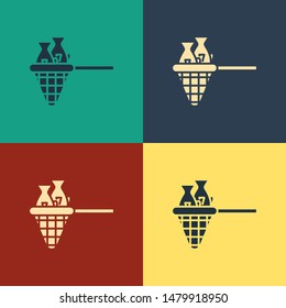 Color Fishing net with fish icon isolated on color background. Vintage style drawing. Vector Illustration