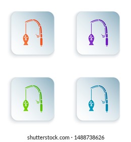Color Fishing rod and fish icon isolated on white background. Fishing equipment and fish farming topics. Set icons in colorful square buttons. Vector Illustration