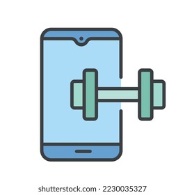 Color fitness app icon. Smartphone with dumbbell, graphic element for website, interface for programs. Drawing up training plan and diet. Gadgets and devices. Cartoon flat vector illustration
