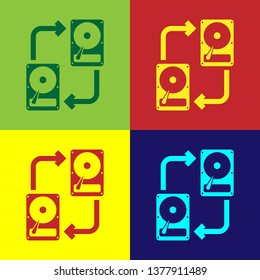 Color A fixed data storage device hard disk with arrows, data copy icon isolated on color backgrounds. Data exchange with hard disk drive. Transfer sign. Flat design. Vector Illustration