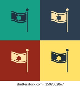 Color Flag of Israel icon isolated on color background. National patriotic symbol. Vintage style drawing. Vector Illustration