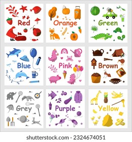 Farbtafeln. Farbe für Kinder lernen. Bildungskarten. Arbeitsblatt für Kinder. rot, grün, orange, blau, gelb, braun, grau, violett, rosa. Set