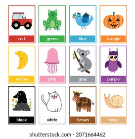 Color flashcards set with cute animals. Color names and pictures collection for preschool. Preschool learning flash cards templates for kids. Vector illustration