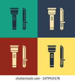 Color Flashlight and knife icon isolated on color background. Vintage style drawing. Vector Illustration