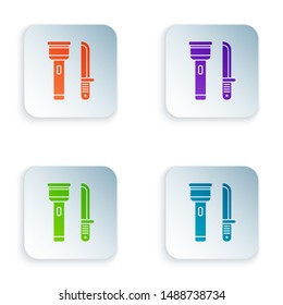 Color Flashlight and knife icon isolated on white background. Set icons in colorful square buttons. Vector Illustration