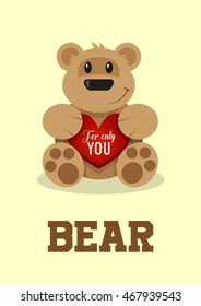 Color flat art cartoon illustration of a teddy bear with a red heart