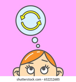 Color flat art cartoon illustration of a thought of renewal arrows