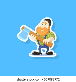 Color flat art vector illustration of a cute cartoon lumberjack with an axe