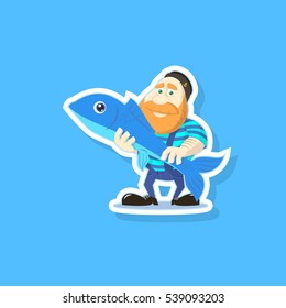 Color flat art vector illustration of a cute cartoon fisherman with fish