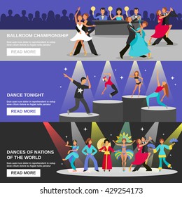 Color flat banners depicting different type of dance ballroom championship dance tonight national dance vector illustration