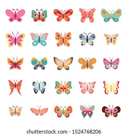 Color flat butterfly set. Butterflies vector collection spring. Vintage insects vector collection isolated on white background