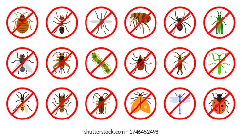 Color flat cartoon insect icon in red circle, stop virus infection vermin bite, pest control, danger sign. Simple symbol anti animal protection. Vector illustration isolated on white