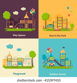 Color flat composition 2x2 depicting different outdoor playground and play spaces for rest in the park and games vector illustration