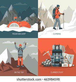 Color flat composition 2x2 depicting mountain camp climbing top stuff vector illustration