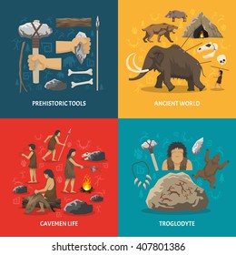 Color flat composition with title depicting prehistoric tools caveman life ancient world troglodyte isolated vector illustration