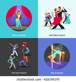 Color flat concept 2x2 depicting different dance style belly hip-hop partner pole vector illustration