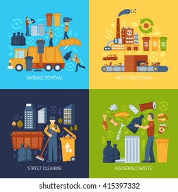 Color flat concept showing garbage collection and waste processing vector illustration