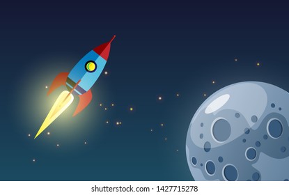 Color flat design. The rocket flies into space against the background of the starry sky flying past the planet of the moon. isolated object. Vector illustration.